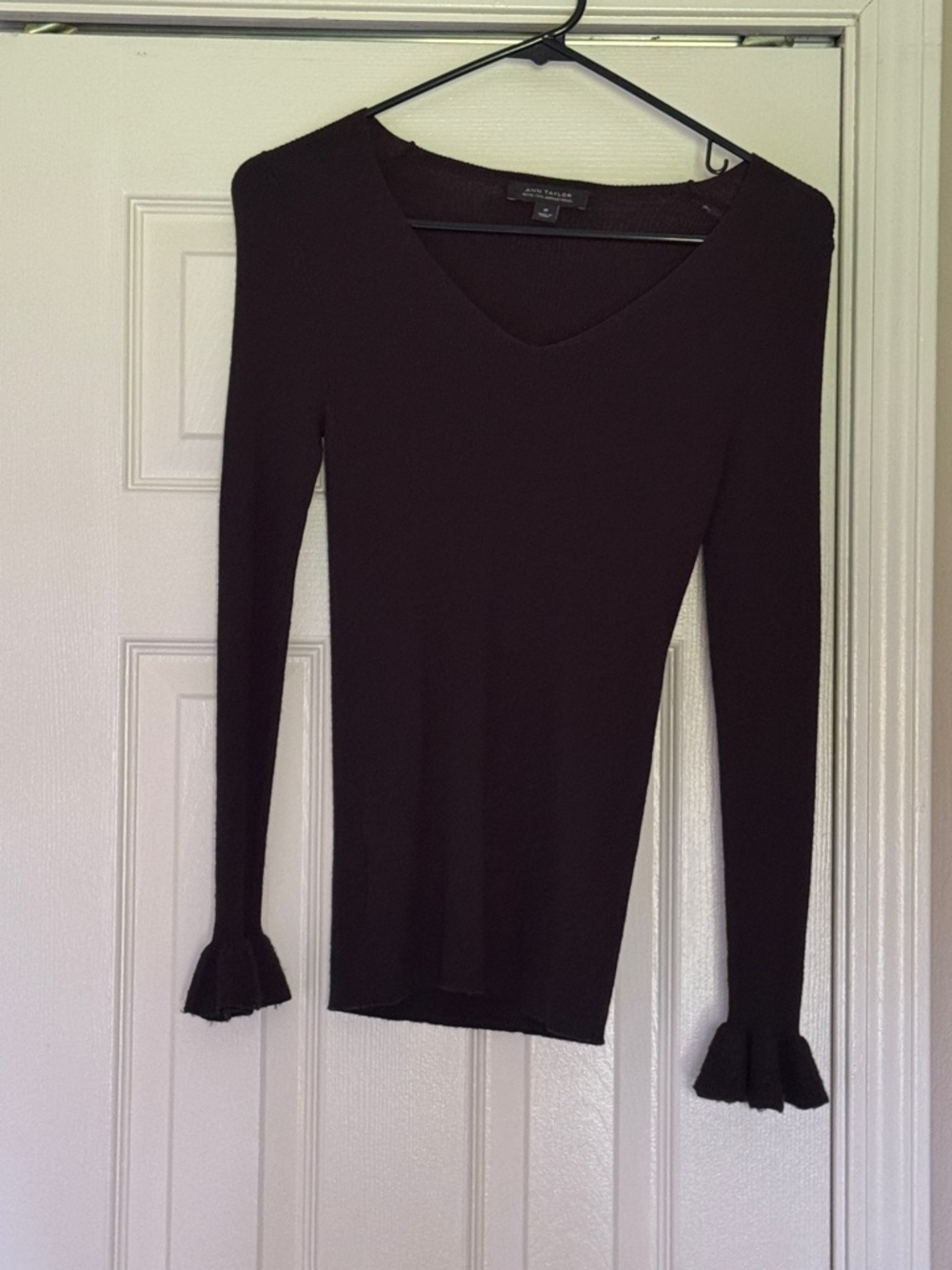 Ann Taylor Black V-Neck Long Sleeve Top with Ruffle Cuffs